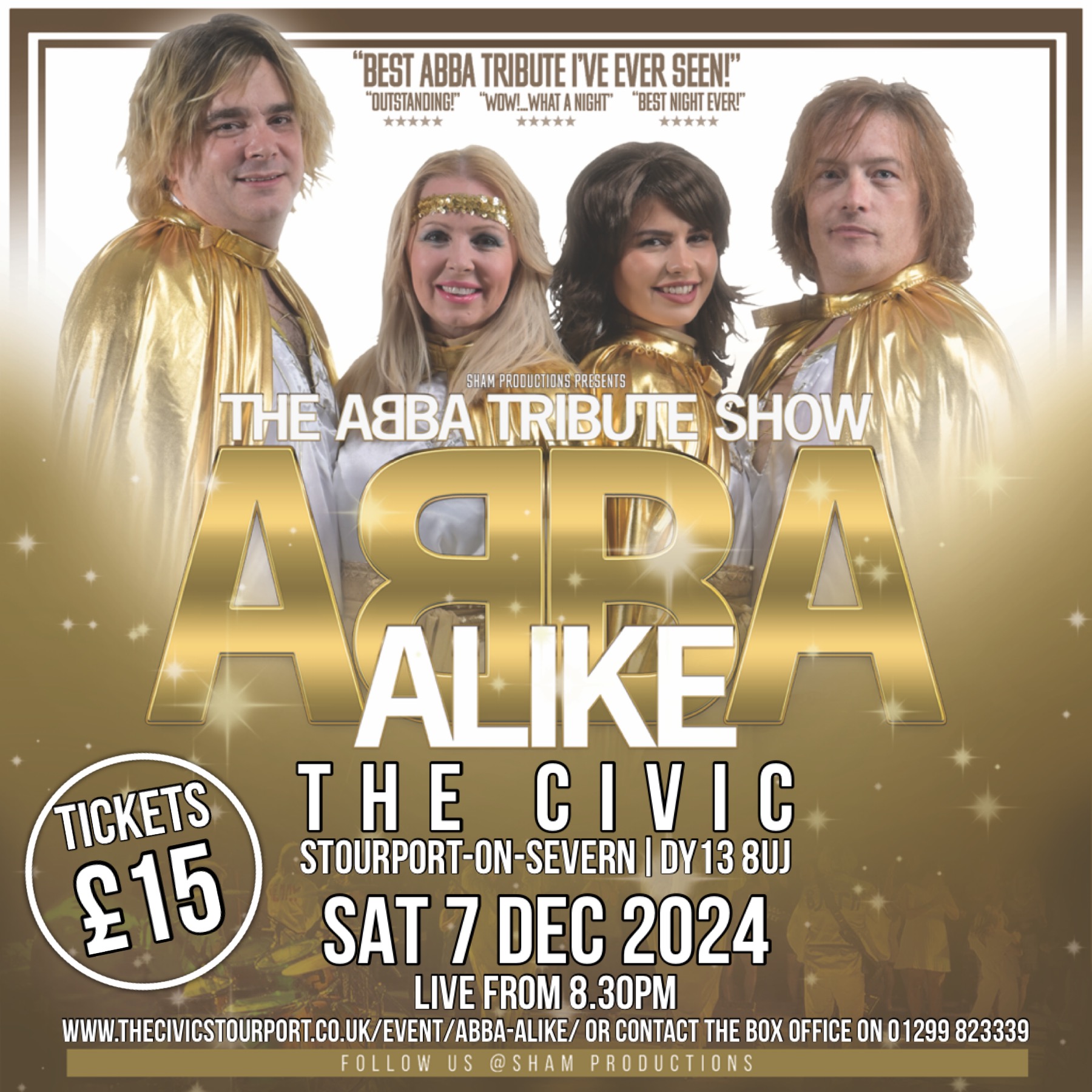 Capturing the unique ABBA sound and feel with incredible attention to detail, Abba Alike bring a full live cast and band, stunning costumes and breath-taking choreography They will have you up singing and dancing in no time!